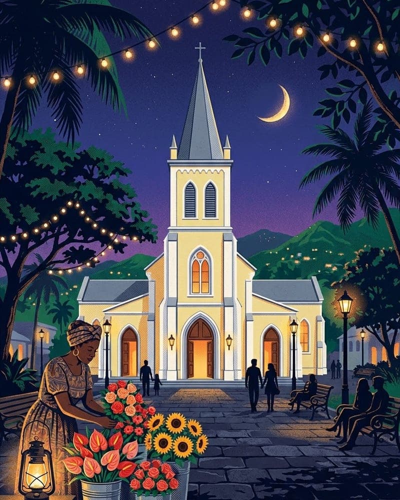 Église Saint-Pierre on Place Saint-Pierre at night, with a flower vendor